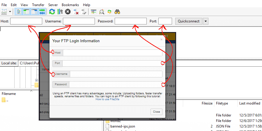 Diagram showing login information locations for both FileZilla and SMpicnic