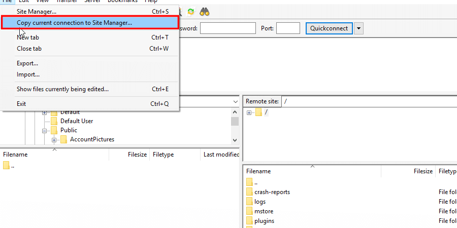 Location of FileZilla's Copy to Site Manager feature
