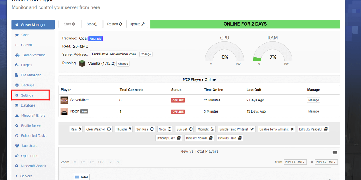 SMpicnic Server Manager showing Settings tab location