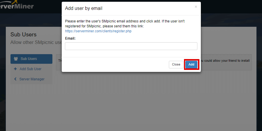 Email and Add locations for adding a Sub-User.