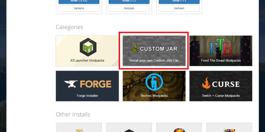 Clicking custom JAR category via the SMpicnic installer