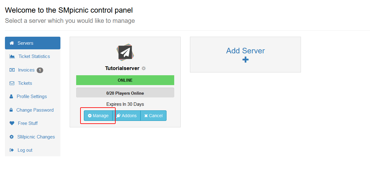 Click on Manage to go to your servers control panel