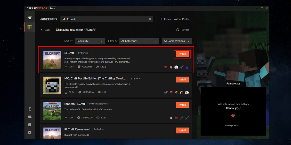Installing Minecraft Modpacks: CurseForge support