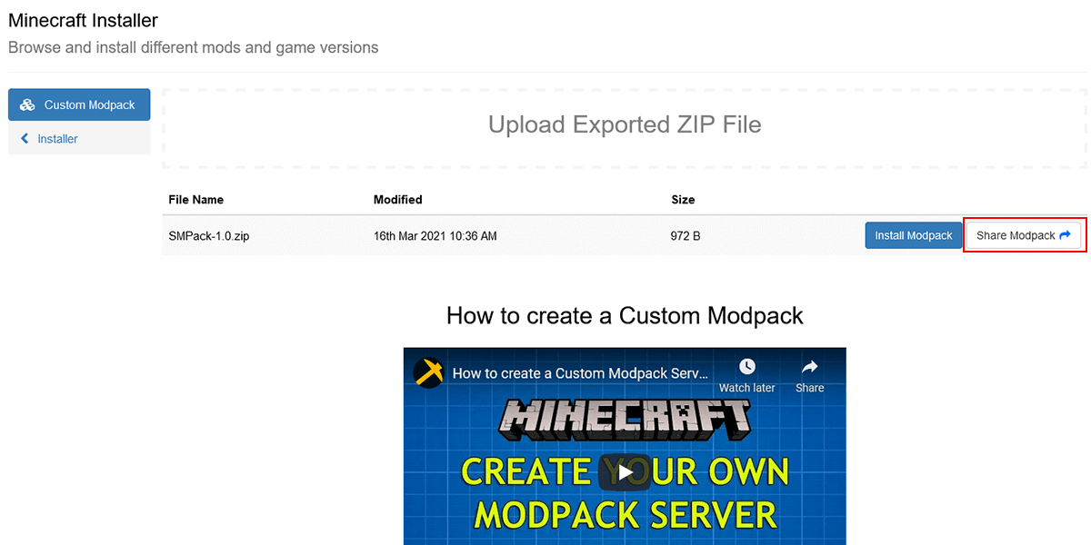 Click the Share Modpack button