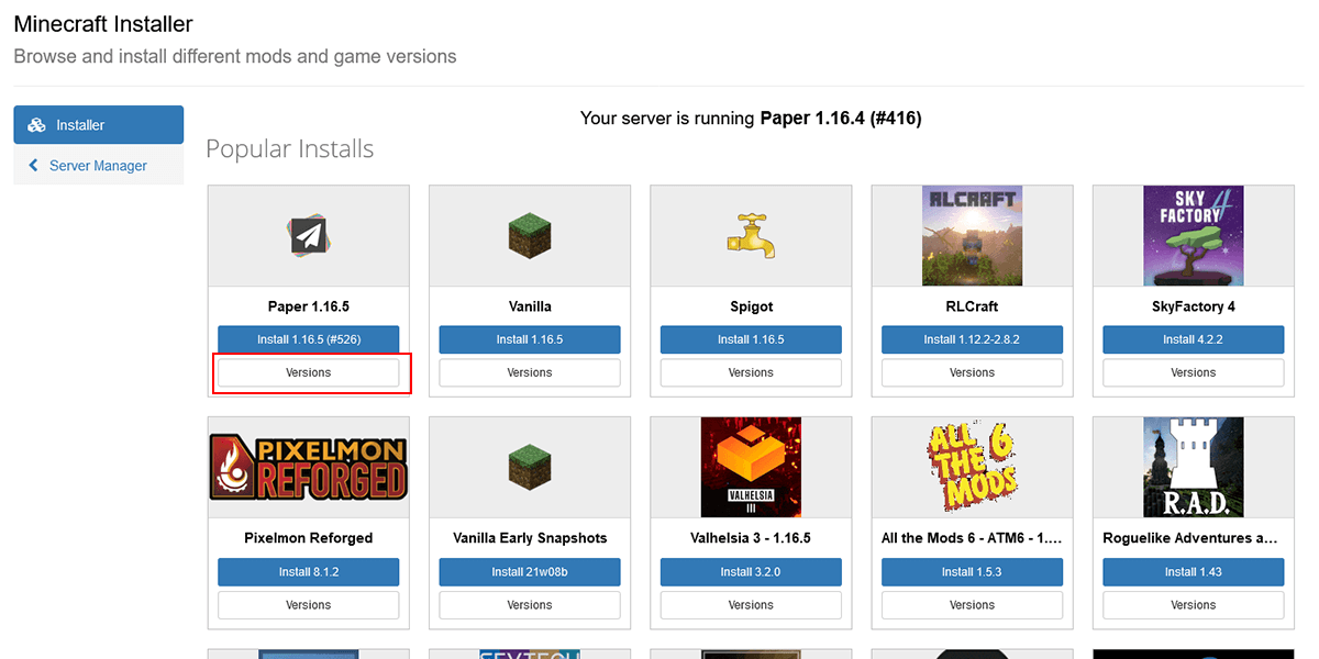 Select the modpack or type of server