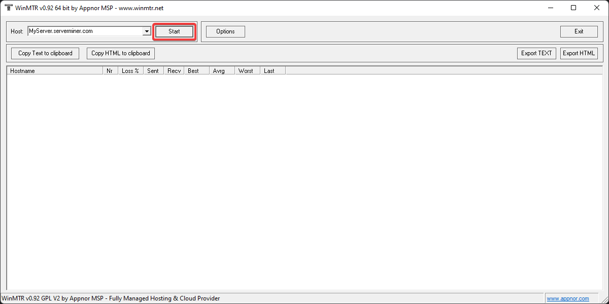 Screenshot showing WinMTR Start button
