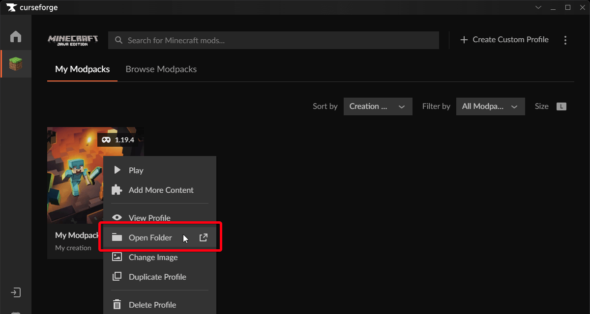 Screenshot showing Open Folder button in the CurseForge Launcher