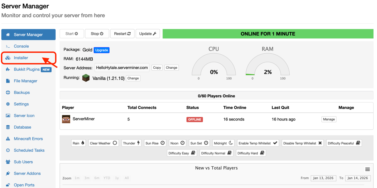 Screenshot showing the "Installer" tab button in the SMpicnic Control Panel.