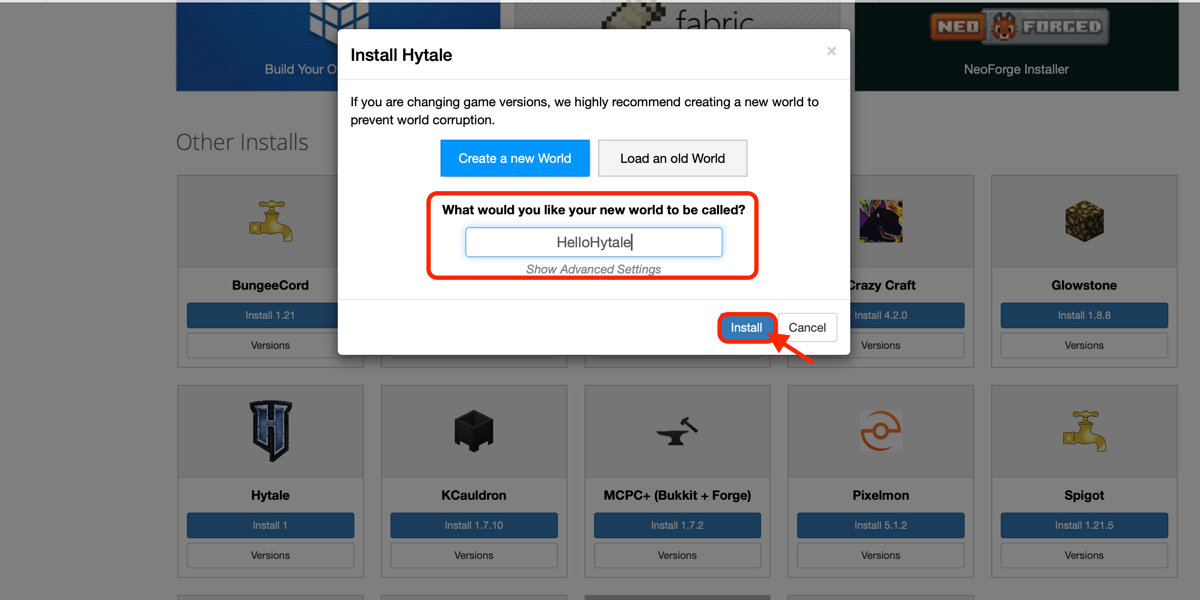 Screenshot showing where to enter a new world name then how to click "Install"