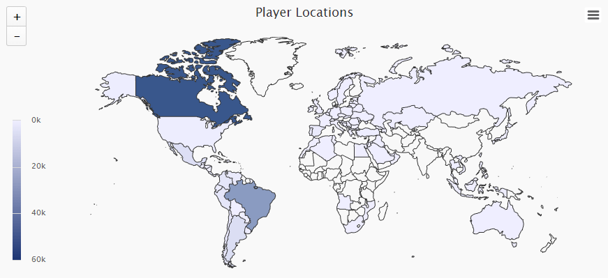 Geographic map showing Minecraft player's locations